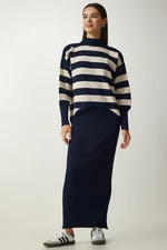 Happiness İstanbul Women's Navy Blue Striped Sweater Dress Knitwear Suit