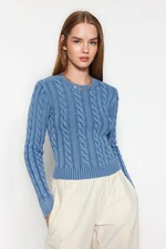 Trendyol Blue Wash Effect Pleciony sweter z dzianiny do włosów