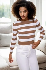 16420 Dewberry Womens Striped Crew Neck Knitwear Sweater-BEIGE