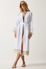 Happiness İstanbul Women's White Tassel Guipure Detail Long Linen Kimono