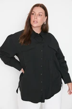 Trendyol Curve Black Cotton Long Sleeve Double Pocket Poplin Woven Plus Size Shirt with Slit in the Skirt