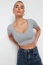 Trendyol Gray Melange Pool Neck Baby Overlock Detail Crop Ribbed Elastic Knitted Blouse