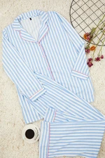 Trendyol Curve Blue Striped Piping Shirt Collar Knitted Pajamas Set