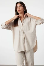 Trendyol Beige Linen Blend Oversize Striped Shirt