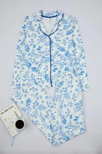 Trendyol Blue 100% Cotton Floral Piping Detailed Knitted Pajamas Set