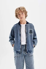 DEFACTO Boys College Collar Zipper Pocket Seasonal Printed Jean Bomber Jacket