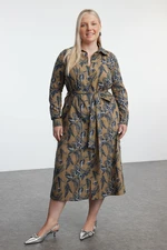 Trendyol Curve Khaki Women's Floral Midi Buttoned Belted Woven Plus Size Shirt Dress