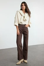 Trendyol Brown Suede Look Leopard Patterned High Waist Wide Leg Jeans