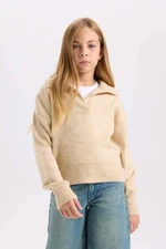 DEFACTO Girl Beige Regular Fit Polo Neck Basic Plain Knitwear Sweater