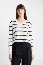 DEFACTO Relax Fit V Neck Soft Texture Striped Basic Plain Sweater