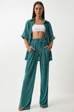 Happiness İstanbul Women's Green Pleated Shirt and Trousers Set