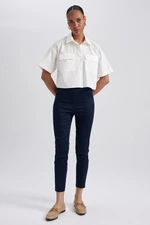 DEFACTO Cigarette Satin Pants Navy Blue Normal Waist Basic Straight Elastic Waist Straight Leg