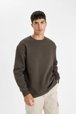 DEFACTO Brown Oversize Wide Pattern Crew Neck Thick Fabric Basic Plain Sweatshirt