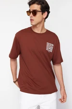 Trendyol Brown Oversize/Wide Cut Text Printed Short Sleeve 100% Cotton T-Shirt