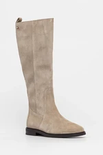 Semišové boty Tommy Hilfiger FLAG SUEDE LONG BOOT ZIP dámské, béžová barva, na plochém podpatku, FW0FW08178