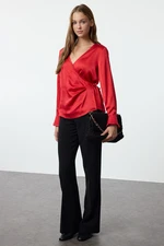 Trendyol Dark Red Satin Double Breasted Woven Blouse