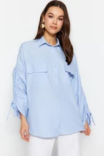 Trendyol Light Blue Woven Cotton Shirt with Adjustable Gathering Detail on Sleeves