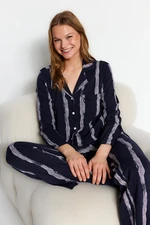 Trendyol Premium Navy Blue Cotton Striped Shirt-Pants Knitted Pajamas Set