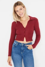 Trendyol Burgundy Button Detailed Fitted Crop Polo Neck Ribbed Flexible Knitted Blouse