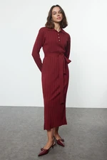 Trendyol Burgundy Belted Polo Collar Knitwear Ribbed Knitted Sweater Dress