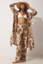 Happiness İstanbul Women's Brown Beige Patterned Viscose Kimono Palazzo Pants Suit