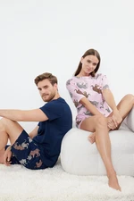 Trendyol Navy Blue Regular Fit Animal Patterned Couple Knitted Pajama Set with Shorts