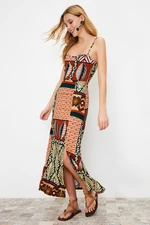 Trendyol Printed Strappy Crepe/Textured Knit Midi Dress with Multi-Colored Adjustable Straps