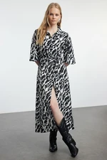 Trendyol Black Animal Printed Belted Wrap/Textured Maxi Knitted Shirt Dress