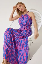 Happiness İstanbul Women's Fuchsia Blue Halter Collar Summer Viscose Dress