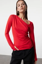 Trendyol Red Soft Touch/Soft Fabric Fitted Asymmetrical Collar Stretchy Knitted Blouse