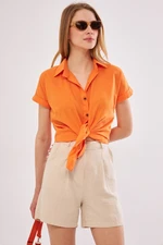 armonika Women's Orange Short Sleeve Linen Shirt