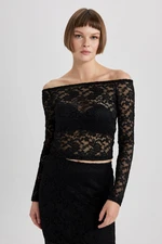 DEFACTO Slim Fit Slim Cut Off Shoulder Lace Long Sleeve Black Blouse