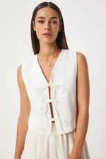 Happiness İstanbul Women's White Bow Linen Vest