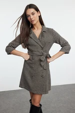 Trendyol Brown Belted Houndstooth Woven Jacket Dress