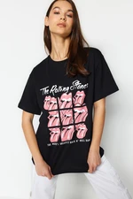 Trendyol Black 100% Cotton The Rolling Stones Licensed Boyfriend/Wide Fit Knitted T-Shirt