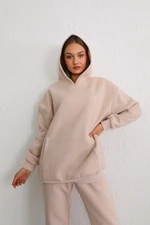 BİKELİFE Women's Beige Oversize Raised Three Thread Hooded Sweatshirt