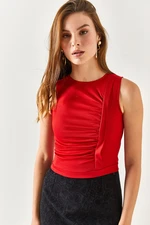 Olalook Women's Red Crepe Blouse with Pleated Side Detail