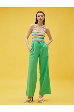 Koton Tie Waist Wide Leg Linen-Mixed Trousers with Pockets.