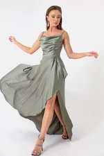 Lafaba Women's Khaki Evening Dress &; Prom Dress with Ruffles and a Slit in Satin