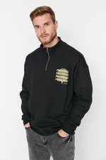 Trendyol Men's Black Oversized Zippered Text Printed Sweatshirt with a Soft Pile Inside Cotton