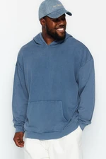 Trendyol Indigo Men's Relaxed/Comfortable Cut, Wash-Effective Hooded 100% Cotton Sweatshirt.