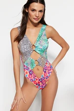 Trendyol Animal Patterned V-Neck Accessoried High Leg Swimsuit