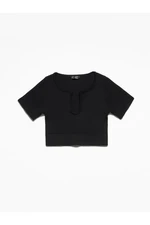 Dilvin Women's Black Collar Detailed Crop Top