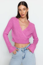 Trendyol Pink Crop Soft Textured Double Breasted Knitwear Sweater