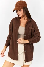 armonika Women's Brown Oversize Stitched Pocket Shirt