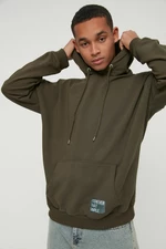 Trendyol Basic Khaki Oversize/Wide-Fit Hooded Labeled Fleece Inner Sweatshirt