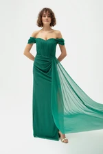 Lafaba Women's Emerald Green Underwire Corset Detailed Silvery Long Evening Dress