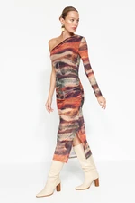 Trendyol Multi-colored Fitted/Sticky Draped One-Shoulder Maxi Knit Dress with Tulle Liner