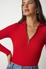 Happiness İstanbul Women's Red Zipper High Collar Ribbed Knitwear Blouse