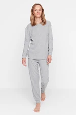 Trendyol Gray Ribbed Cotton Wide Fit Knitted Pajamas Set